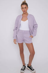 Bomber Neck Zip Through Top and  Shorts Loungewear Set Cicay